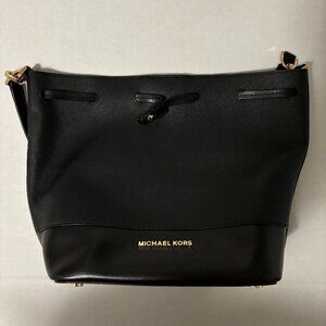 Michael Kors Black Trista Saffiano Leather Medium Duffle/Bucket Bag • 35H8GT7M2U